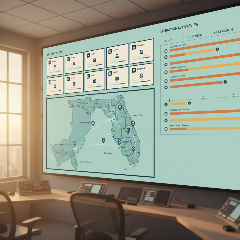 Pool construction company command center dashboard showing multiple active projects, route map, and compliance status